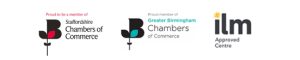 A row of professional logos featuring the Staffordshire Chambers of Commerce, the Greater Birmingham Chambers of Commerce and the ILM (Institute of Leadership & Management).